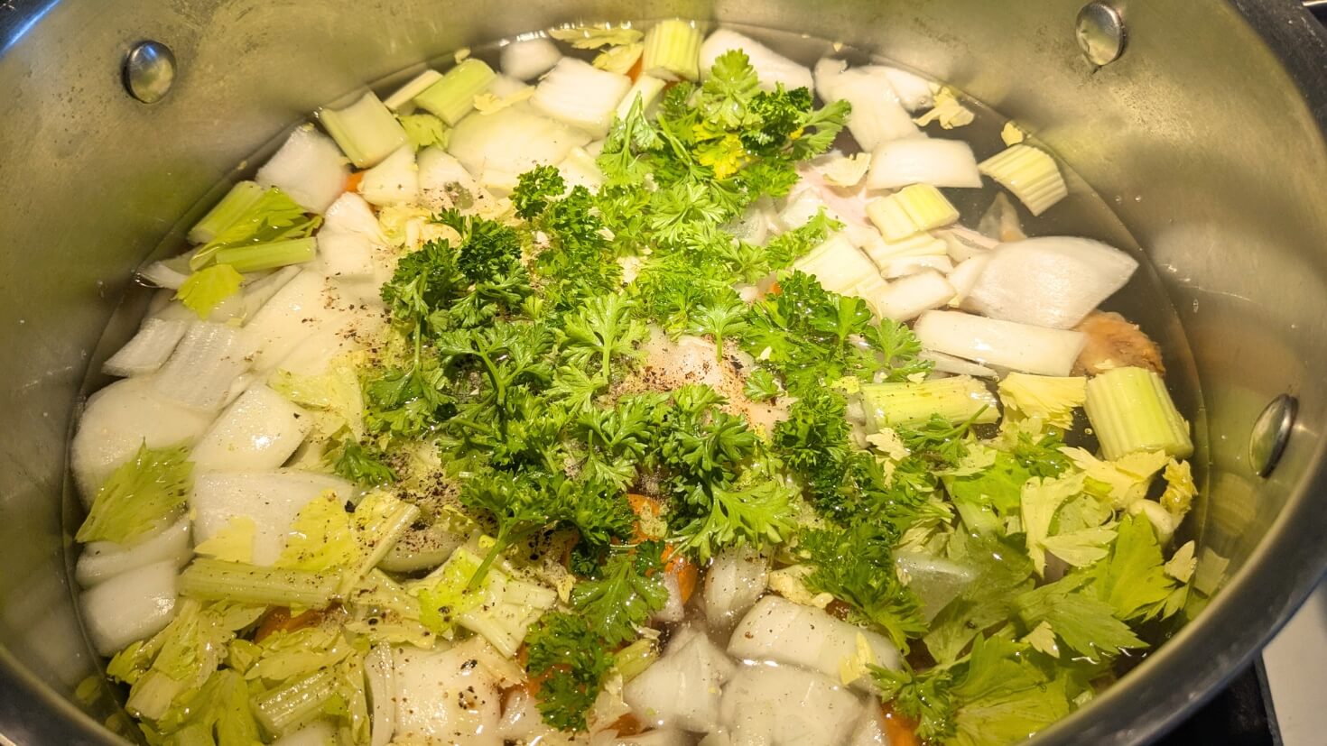 Raw onions, celery, chicken, carrots, and parsley in pot